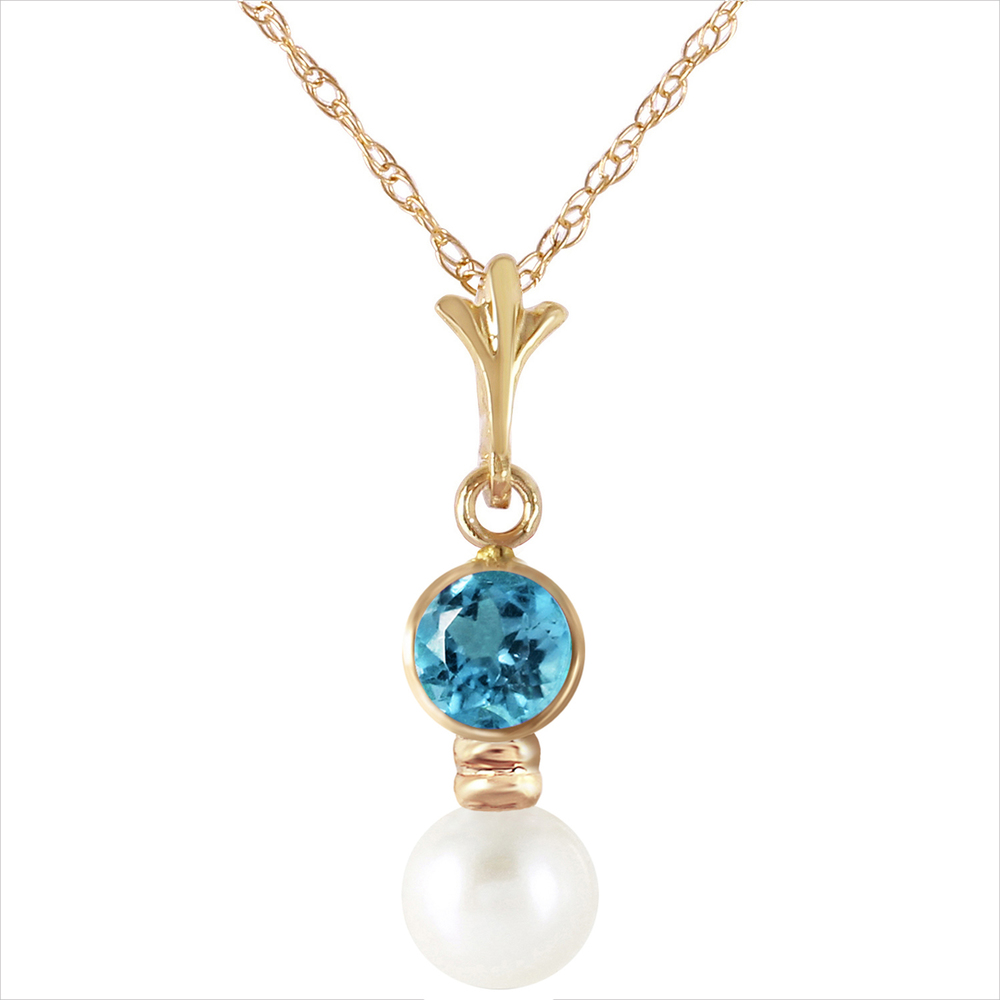 14K. SOLID GOLD NECKLACE WITH BLUE TOPAZ & PEARL (Yellow Gold) - Picture 1 of 2